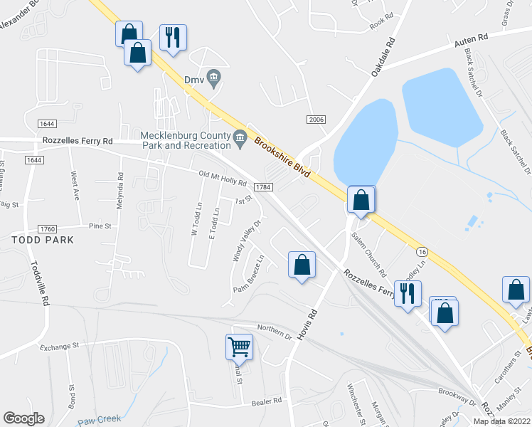 map of restaurants, bars, coffee shops, grocery stores, and more near 5602 Windy Valley Drive in Charlotte