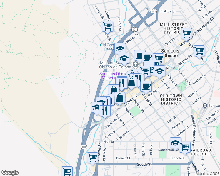 map of restaurants, bars, coffee shops, grocery stores, and more near 520 Dana Street in San Luis Obispo