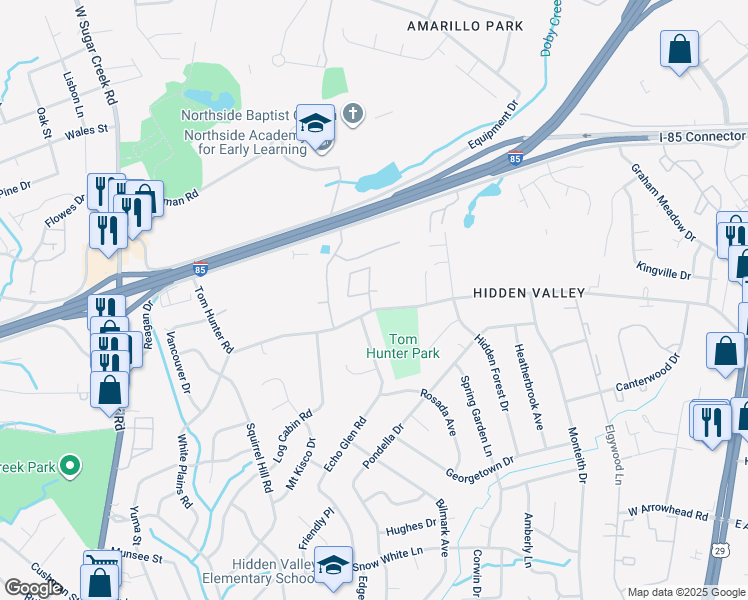 map of restaurants, bars, coffee shops, grocery stores, and more near 1300 Hunter Oaks Lane in Charlotte