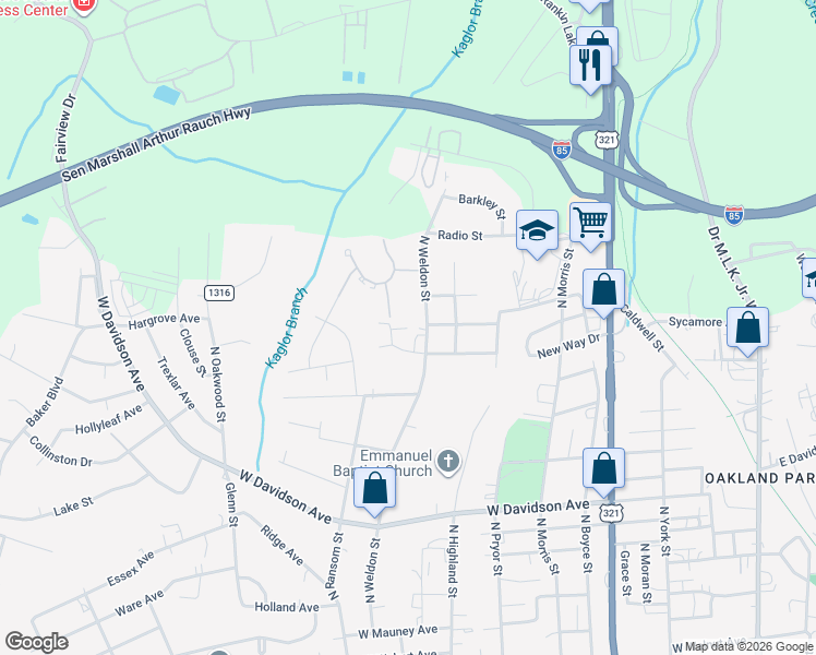 map of restaurants, bars, coffee shops, grocery stores, and more near 1315 Baugh Street in Gastonia