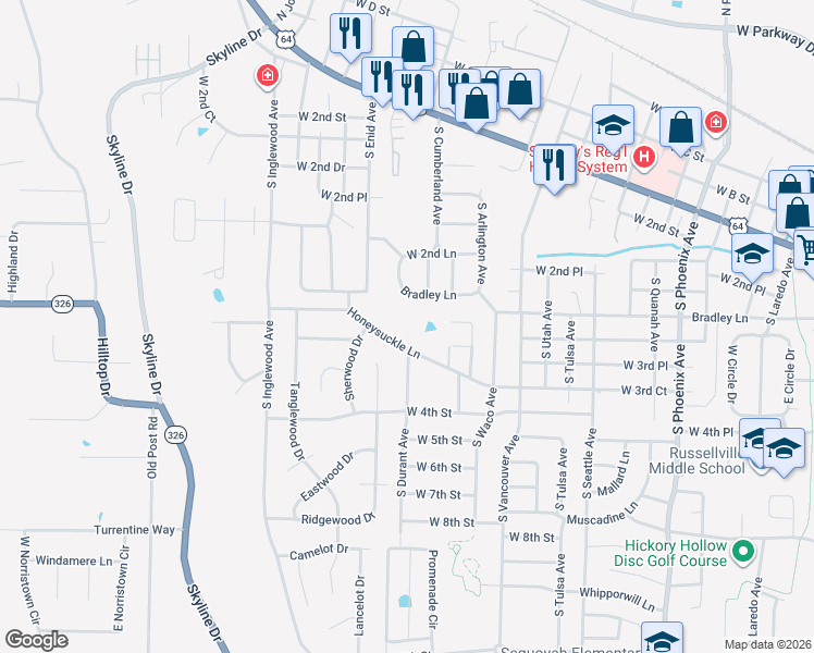 map of restaurants, bars, coffee shops, grocery stores, and more near 2812 Honeysuckle Lane in Russellville