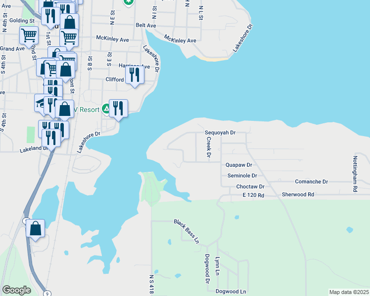 map of restaurants, bars, coffee shops, grocery stores, and more near 552 Mohawk Drive in Eufaula