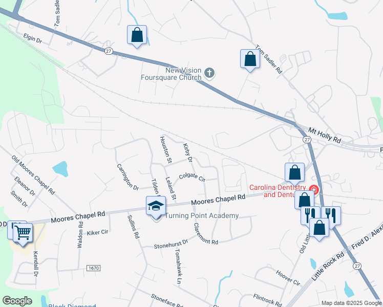 map of restaurants, bars, coffee shops, grocery stores, and more near 349 Kirby Drive in Charlotte