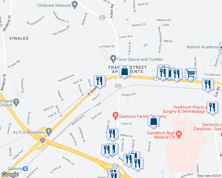 map of restaurants, bars, coffee shops, grocery stores, and more near 2105 Flint Lane in Gastonia