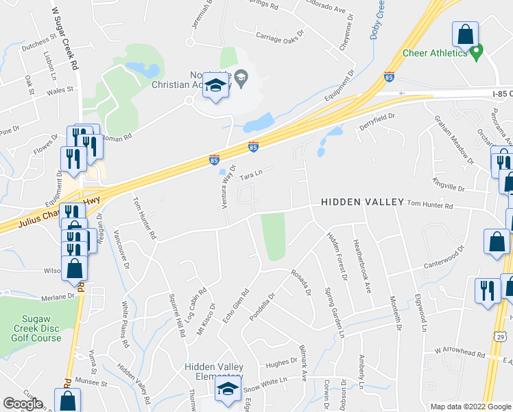 map of restaurants, bars, coffee shops, grocery stores, and more near 1300 Hunter Oaks Lane in Charlotte