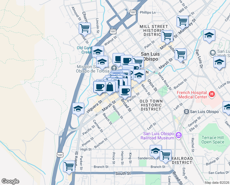 map of restaurants, bars, coffee shops, grocery stores, and more near 674 Higuera Street in San Luis Obispo