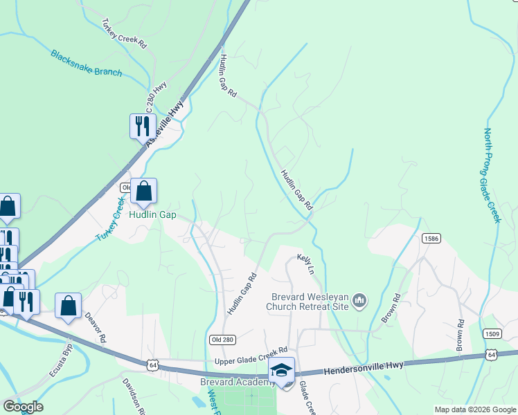 map of restaurants, bars, coffee shops, grocery stores, and more near 118 Old Bunyan Wilson Road in Pisgah Forest