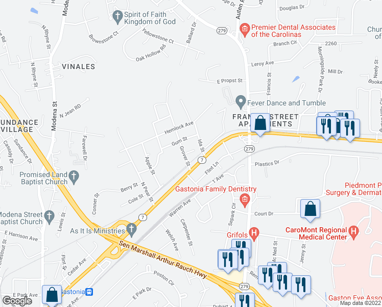 map of restaurants, bars, coffee shops, grocery stores, and more near 1907 East Elm Street in Gastonia