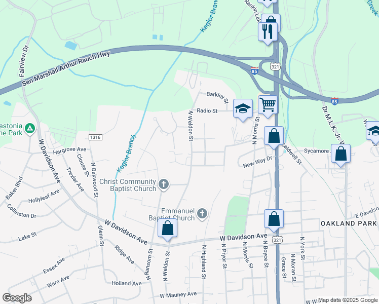 map of restaurants, bars, coffee shops, grocery stores, and more near 1401 North Weldon Street in Gastonia
