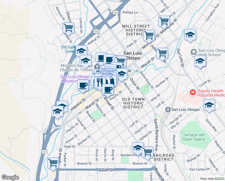 map of restaurants, bars, coffee shops, grocery stores, and more near in San Luis Obispo