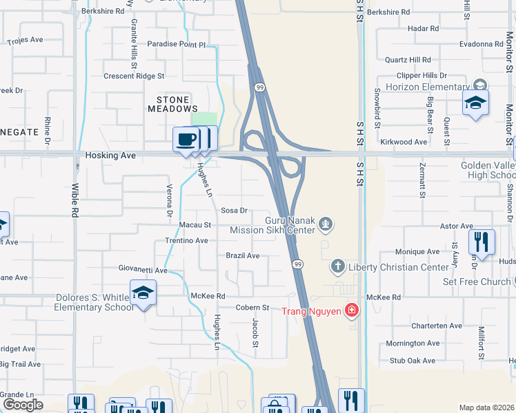 map of restaurants, bars, coffee shops, grocery stores, and more near 2306 Sosa Drive in Bakersfield