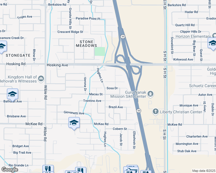 map of restaurants, bars, coffee shops, grocery stores, and more near 2417 Sosa Drive in Bakersfield