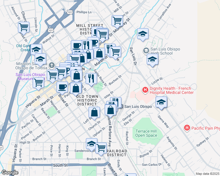 map of restaurants, bars, coffee shops, grocery stores, and more near 1130 Islay Street in San Luis Obispo