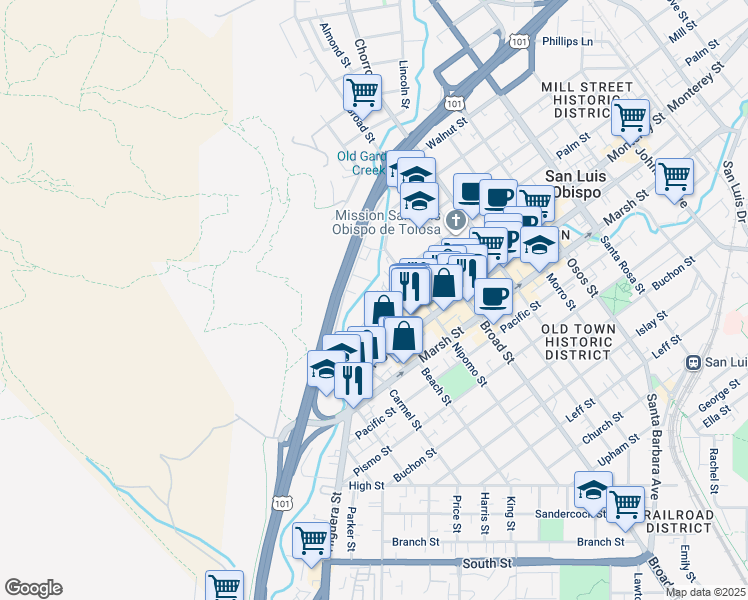 map of restaurants, bars, coffee shops, grocery stores, and more near 520 Dana Street in San Luis Obispo