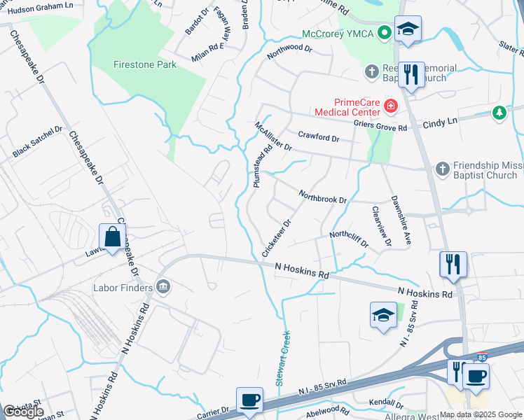 map of restaurants, bars, coffee shops, grocery stores, and more near 1720 Vantage Place in Charlotte