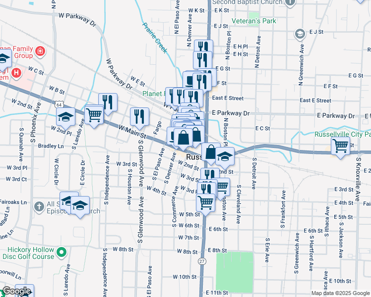 map of restaurants, bars, coffee shops, grocery stores, and more near 218 West Main Street in Russellville