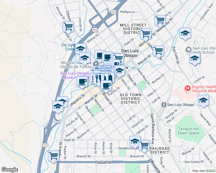 map of restaurants, bars, coffee shops, grocery stores, and more near Marsh St & Garden St in San Luis Obispo