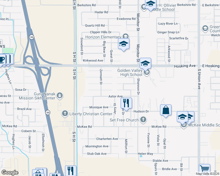 map of restaurants, bars, coffee shops, grocery stores, and more near 1214 Innsbruck Drive in Bakersfield