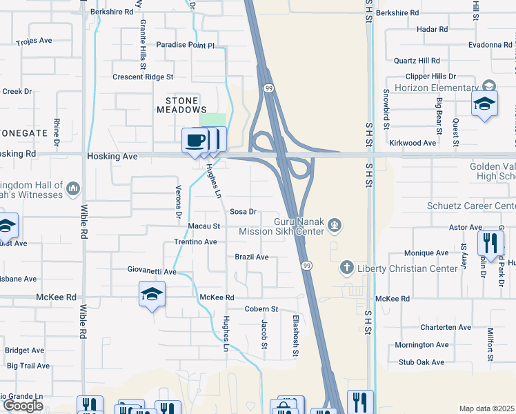 map of restaurants, bars, coffee shops, grocery stores, and more near 2306 Sosa Drive in Bakersfield