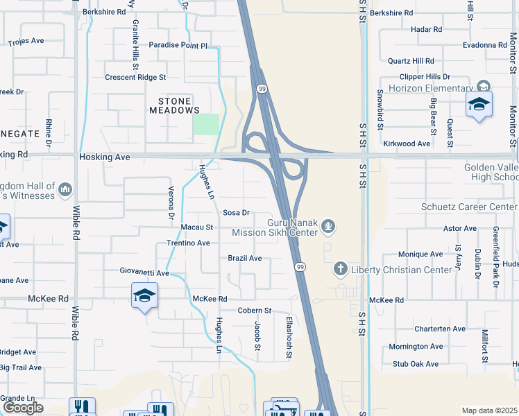 map of restaurants, bars, coffee shops, grocery stores, and more near 2306 Sosa Drive in Bakersfield