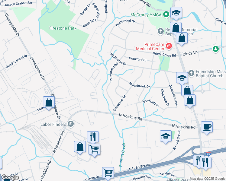 map of restaurants, bars, coffee shops, grocery stores, and more near 1720 Vantage Place in Charlotte