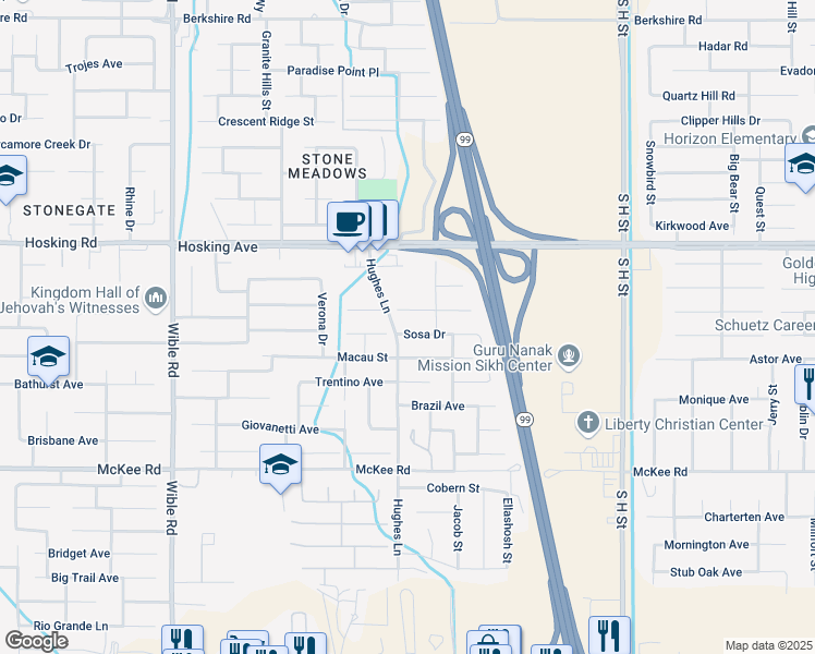 map of restaurants, bars, coffee shops, grocery stores, and more near 2417 Sosa Drive in Bakersfield