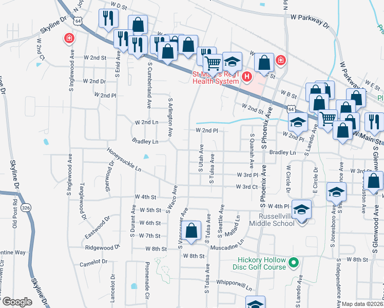 map of restaurants, bars, coffee shops, grocery stores, and more near 2103 Bradley Lane in Russellville