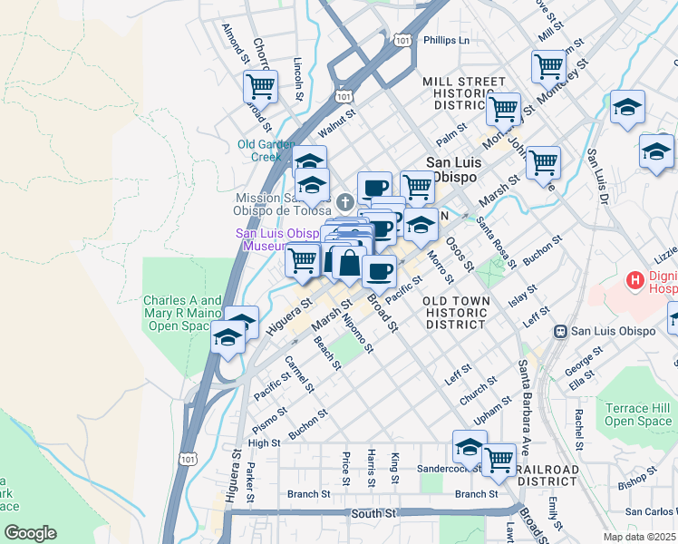 map of restaurants, bars, coffee shops, grocery stores, and more near 674 Higuera Street in San Luis Obispo