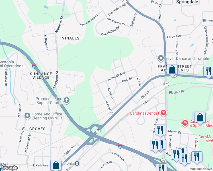 map of restaurants, bars, coffee shops, grocery stores, and more near 510 Apple Street in Gastonia