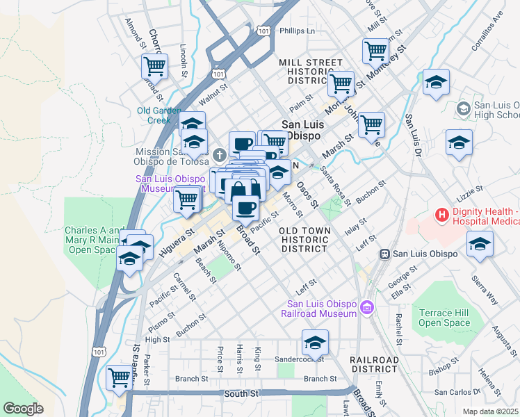 map of restaurants, bars, coffee shops, grocery stores, and more near 751 Marsh Street in San Luis Obispo