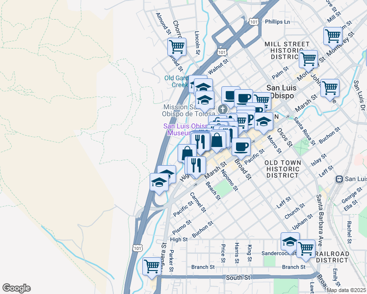 map of restaurants, bars, coffee shops, grocery stores, and more near 547 Dana Street in San Luis Obispo