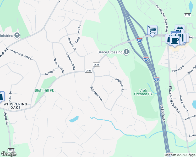 map of restaurants, bars, coffee shops, grocery stores, and more near 4032 Bellingham Lane in Charlotte