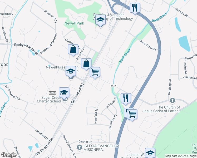 map of restaurants, bars, coffee shops, grocery stores, and more near 1704 Rocky River Road in Charlotte