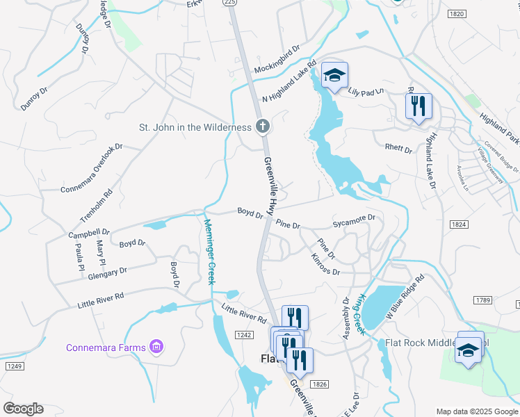 map of restaurants, bars, coffee shops, grocery stores, and more near 101 Boyd Drive in Flat Rock