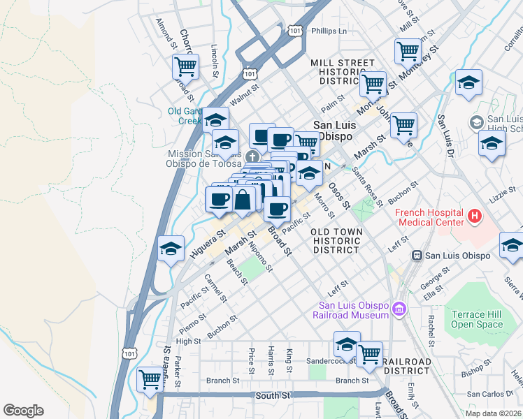 map of restaurants, bars, coffee shops, grocery stores, and more near 715 Higuera Street in San Luis Obispo