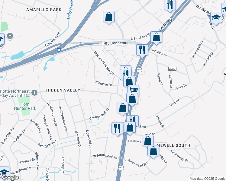 map of restaurants, bars, coffee shops, grocery stores, and more near 230 Tom Hunter Road in Charlotte