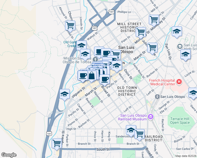 map of restaurants, bars, coffee shops, grocery stores, and more near 715 Higuera Street in San Luis Obispo
