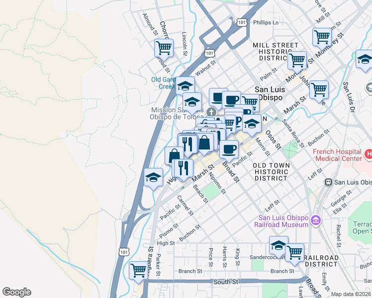 map of restaurants, bars, coffee shops, grocery stores, and more near 547 Dana Street in San Luis Obispo