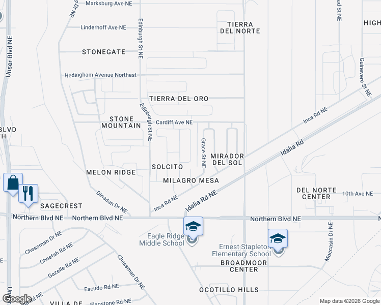 map of restaurants, bars, coffee shops, grocery stores, and more near Solara Loop Northeast in Rio Rancho