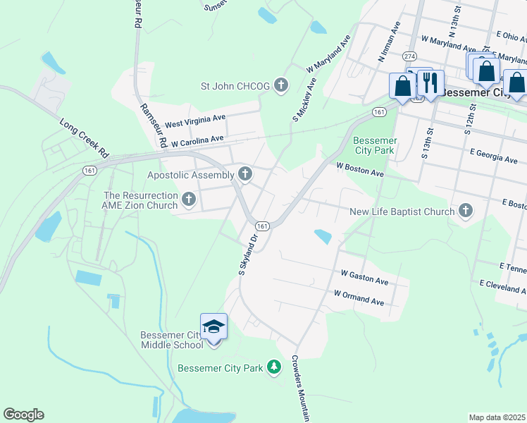 map of restaurants, bars, coffee shops, grocery stores, and more near 210 South Skyland Avenue in Bessemer City