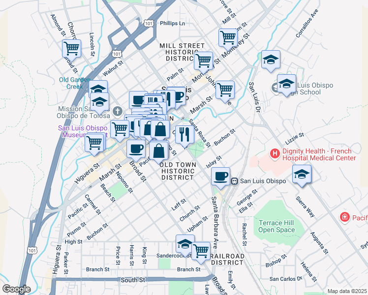 map of restaurants, bars, coffee shops, grocery stores, and more near 1423 Osos Street in San Luis Obispo