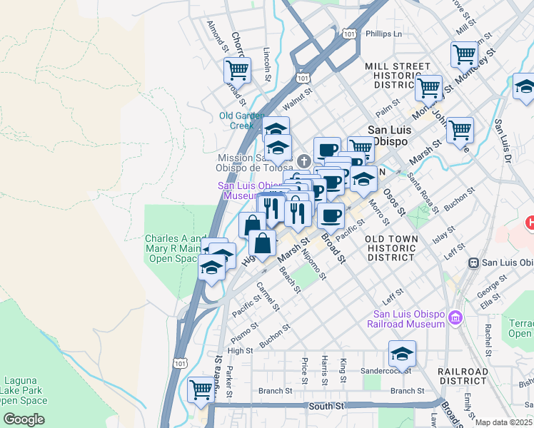 map of restaurants, bars, coffee shops, grocery stores, and more near 547 Dana Street in San Luis Obispo