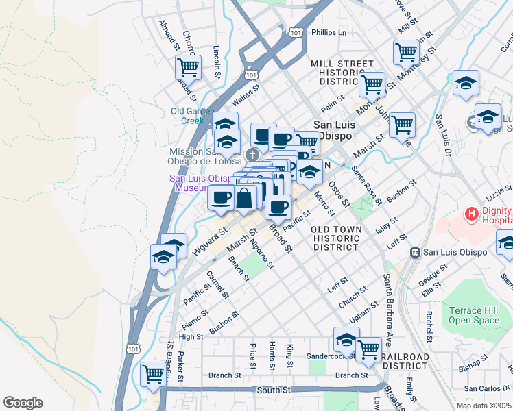 map of restaurants, bars, coffee shops, grocery stores, and more near Higuera Street in San Luis Obispo
