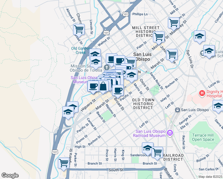map of restaurants, bars, coffee shops, grocery stores, and more near 674 Higuera Street in San Luis Obispo