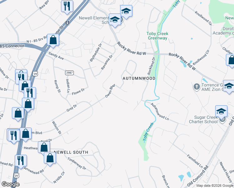map of restaurants, bars, coffee shops, grocery stores, and more near 6322 Dougherty Drive in Charlotte