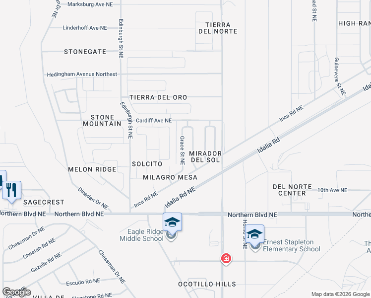 map of restaurants, bars, coffee shops, grocery stores, and more near 1158 Grace Street Northeast in Rio Rancho