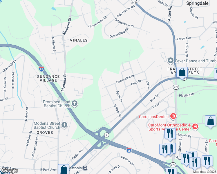 map of restaurants, bars, coffee shops, grocery stores, and more near 604 North Pear Street in Gastonia