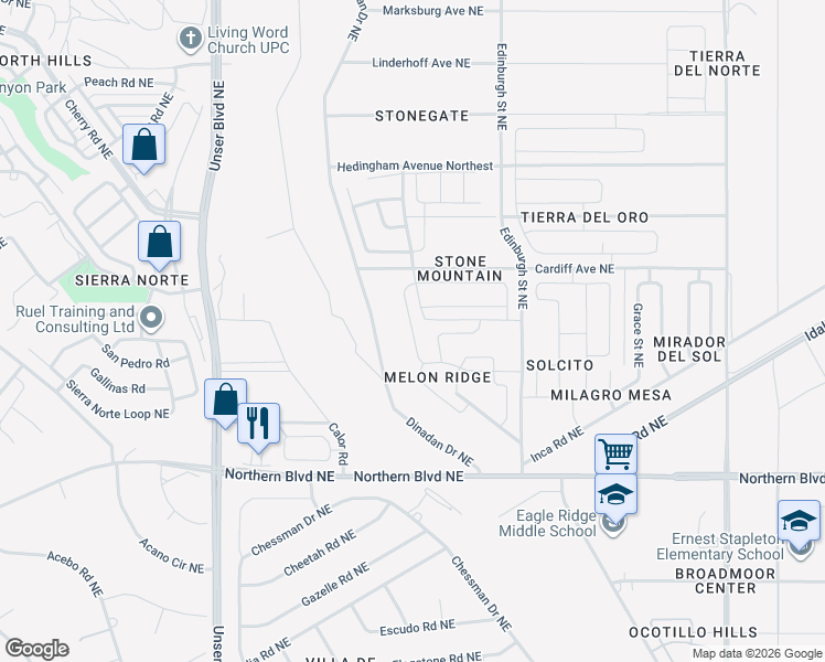 map of restaurants, bars, coffee shops, grocery stores, and more near Melon Road Northeast in Rio Rancho