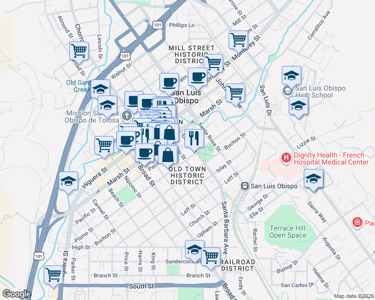 map of restaurants, bars, coffee shops, grocery stores, and more near 1335 Morro Street in San Luis Obispo