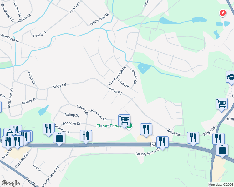 map of restaurants, bars, coffee shops, grocery stores, and more near 1804 Kings Road in Shelby